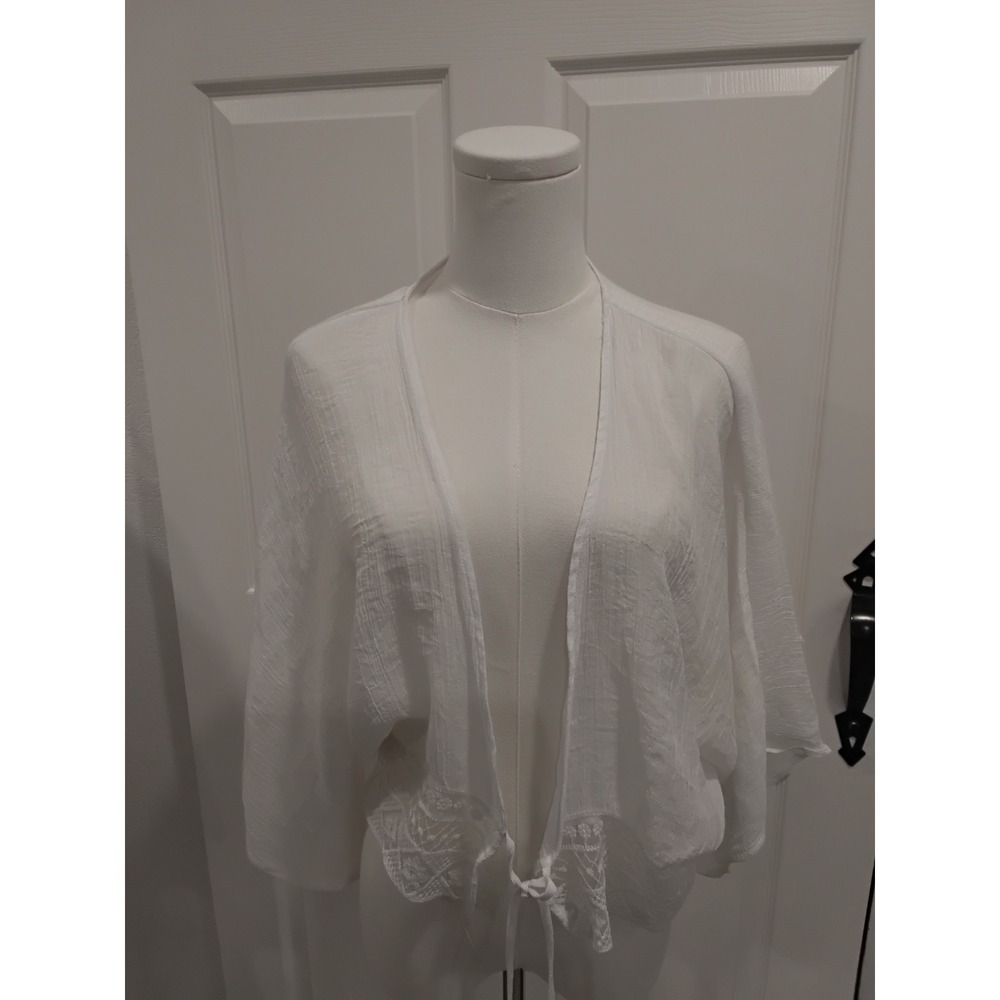 TIMING White Sheer Lace Trim Tie Front Kimono Cardigan Cover Up Women's M
